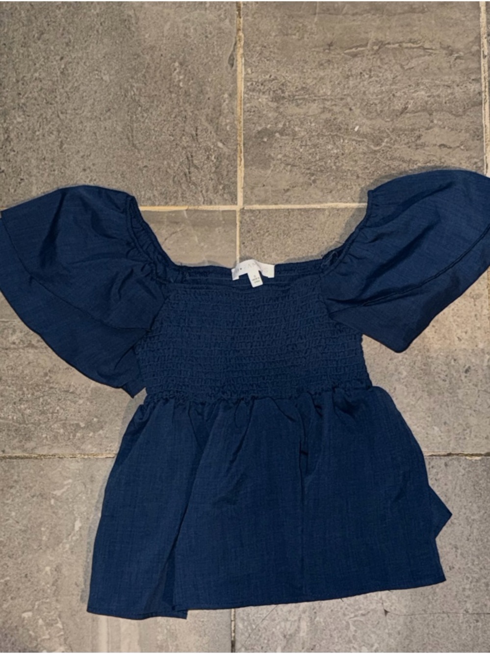 Girls Navy Smocked Bodice Puff-Sleeve Dress